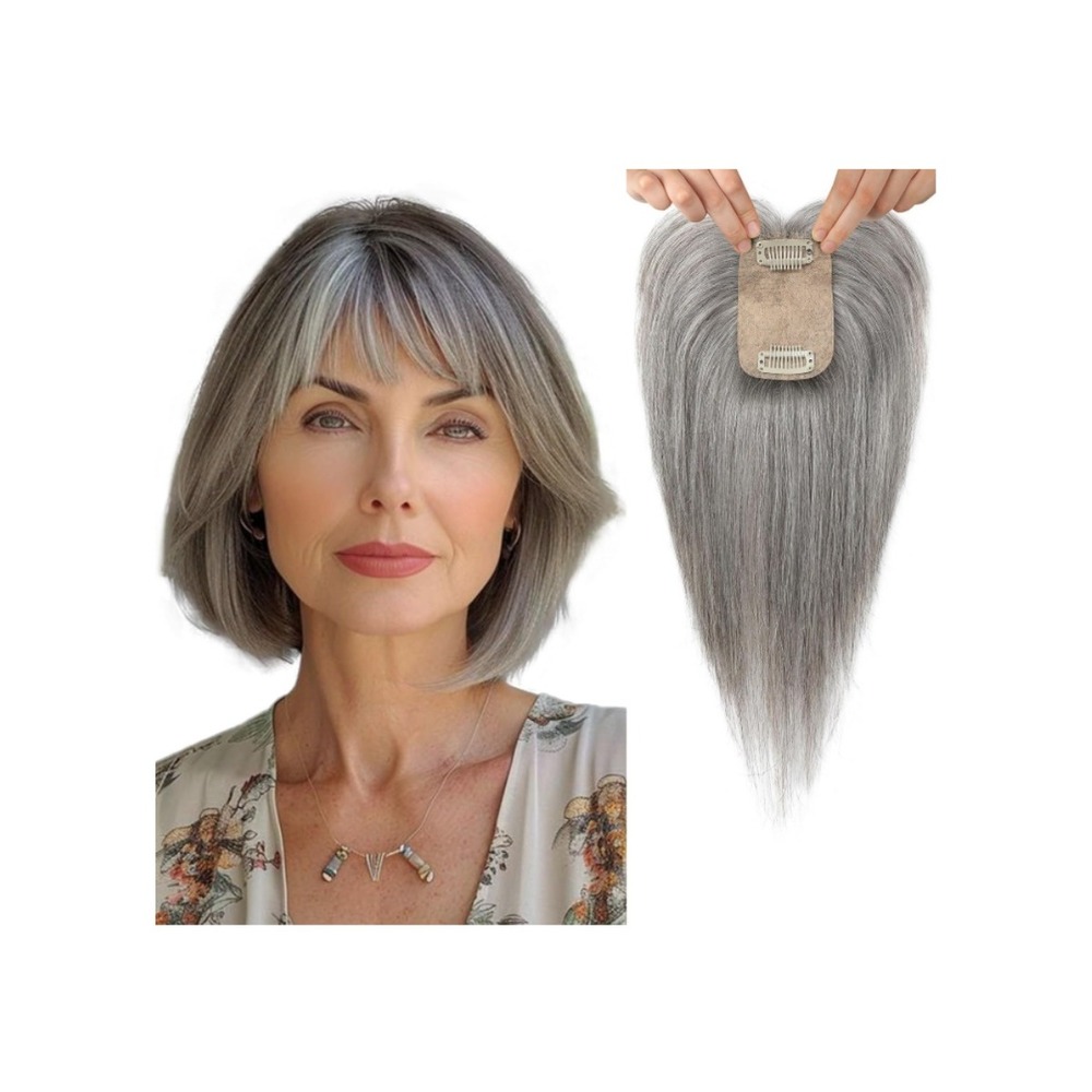 100% Real Human Hair Topper 10 Inch Clip In Bangs Grey 150% Density Thinning